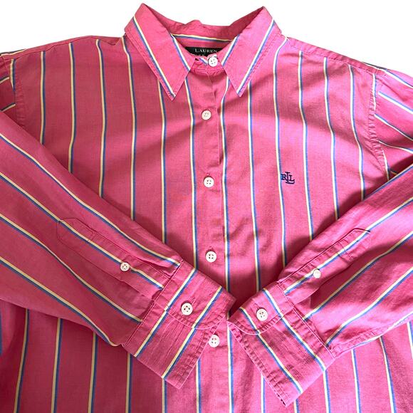 Lauren Ralph Lauren Striped Button Up Shirt Women Size 14 Pink‎ Preppy Academia - Picture 1 of 8